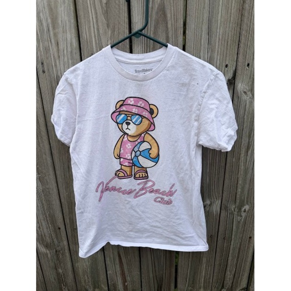 Beachy Summer Venice Beach BrandMakers Graphic Tee M White Teddy Bear Shirt